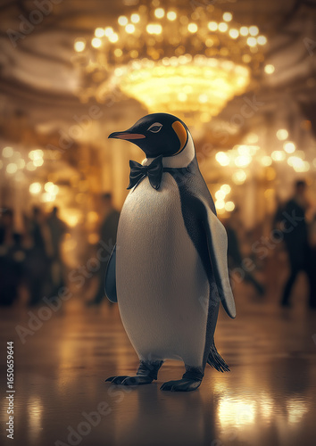 Elegant penguin in a glamorous ballroom with golden chandeliers, dressed in style as if attending a luxury event. Perfect for whimsical animal art and party decor.