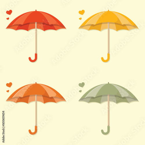 Set of colourful striped umbrellas. Autumn season vector illustration.