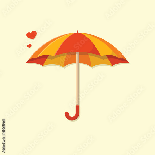 Colourful striped umbrella with small red hearts. Autumn season vector illustration.