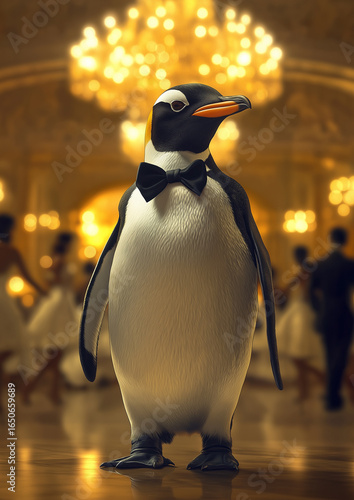 Elegant penguin in a glamorous ballroom with golden chandeliers, dressed in style as if attending a luxury event. Perfect for whimsical animal art and party decor.