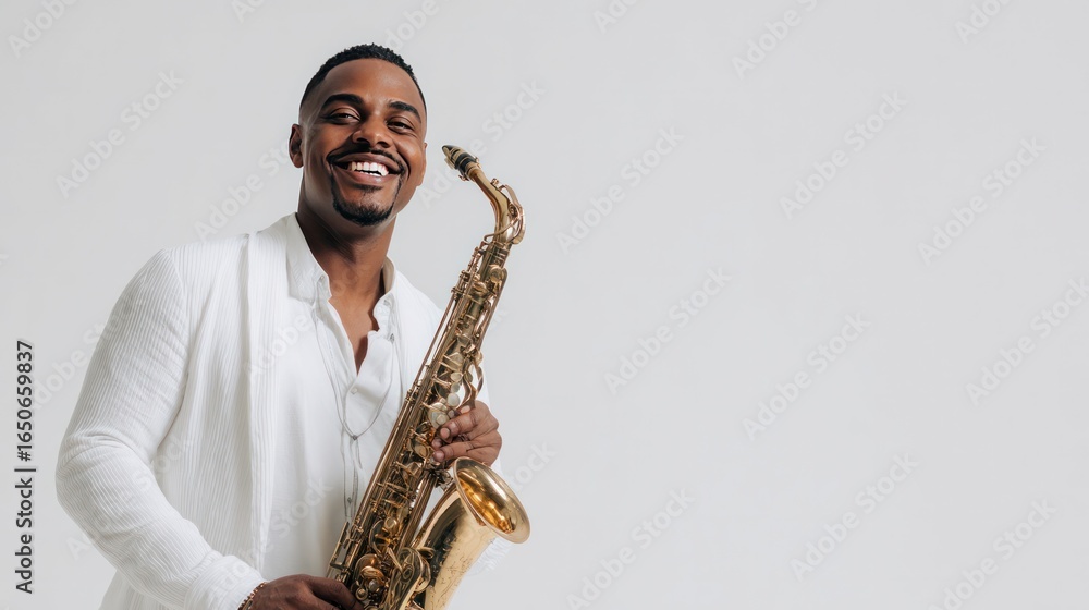 Fototapeta premium Jazz Musician with Saxophone: A smiling Black musician poses confidently, holding a gleaming saxophone, radiating a passion for jazz music.