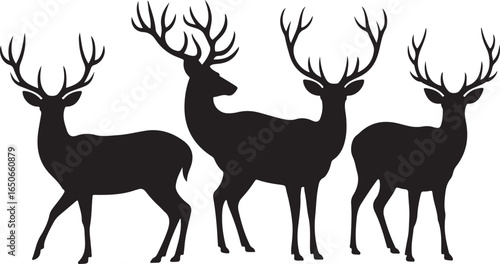 Black silhouettes of four deer with large antlers standing on a white background animal wildlife