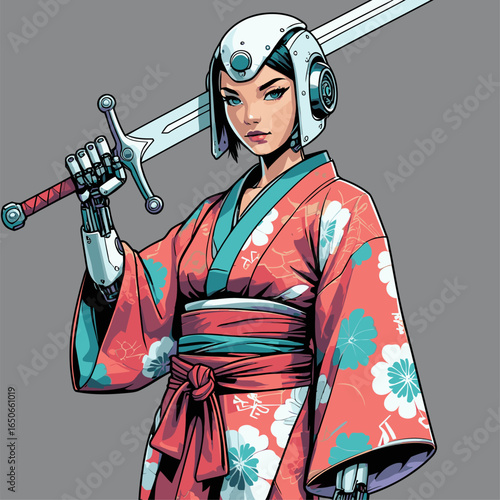 vector female robot wearing a kimono carrying a katana sword