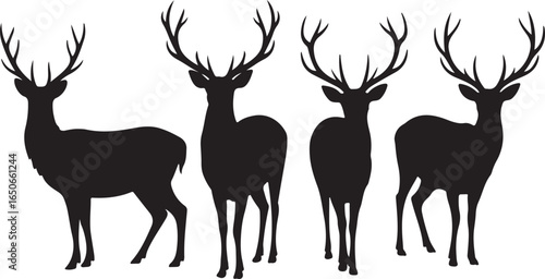 Four Black Silhouette Deer With Antlers Standing On White Background animal wildlife