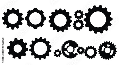 A set of black gear icons on a white background