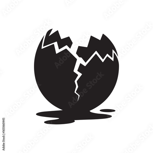 Broken Egg with Cracks and Spilled Yolk Black and White Vector Silhouette
