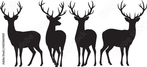 Four Black Silhouette Deer With Antlers Standing On White Background animal wildlife