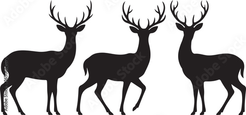 Three black silhouettes of deer with antlers standing on a white background animal wildlife