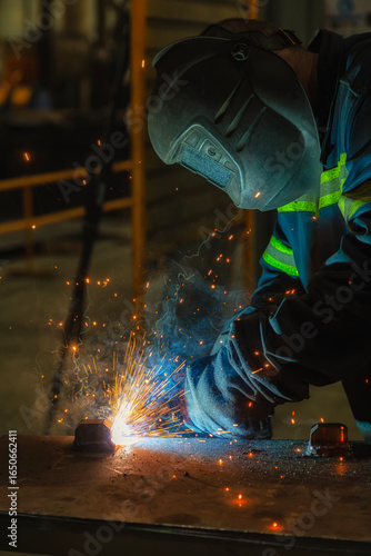 A male welder wearing a fireproof and protective welding mask welds a huge seam in a sheet of metal