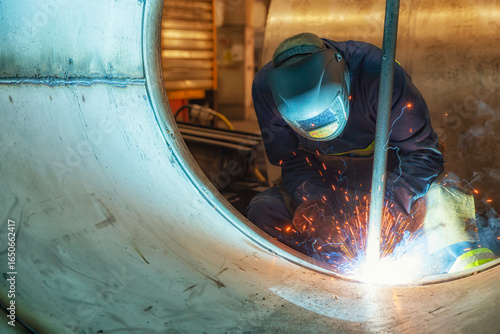 A male welder wearing a fireproof and protective welding mask welds a huge seam in a large pipe