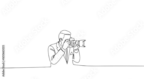 Photographer taking picture with camera in minimalist line art style transparent background 