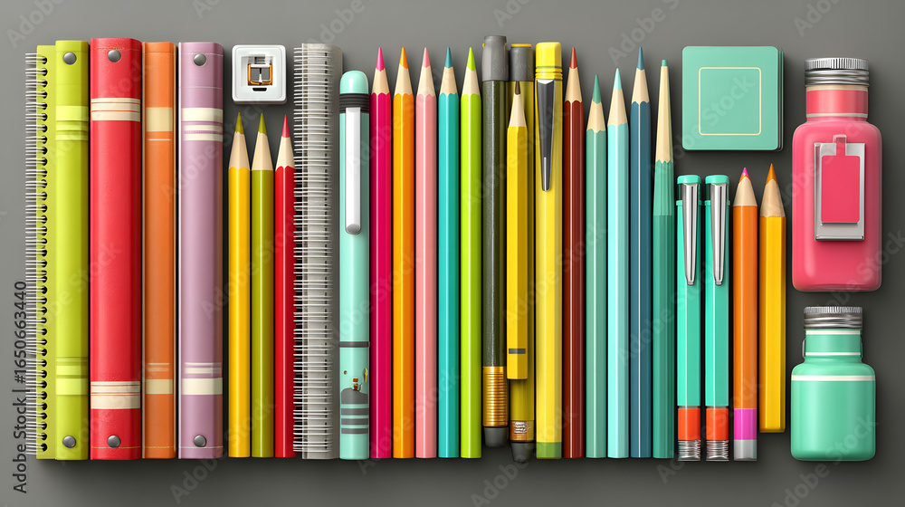Obraz premium An array of colorful books, pencils, pens, erasers, and a ruler are neatly arranged on a gray surface, creating a vibrant and organized school supply scene.