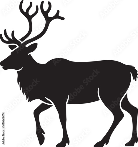 Black silhouette of a walking reindeer with branched antlers on a white background animal wildlife