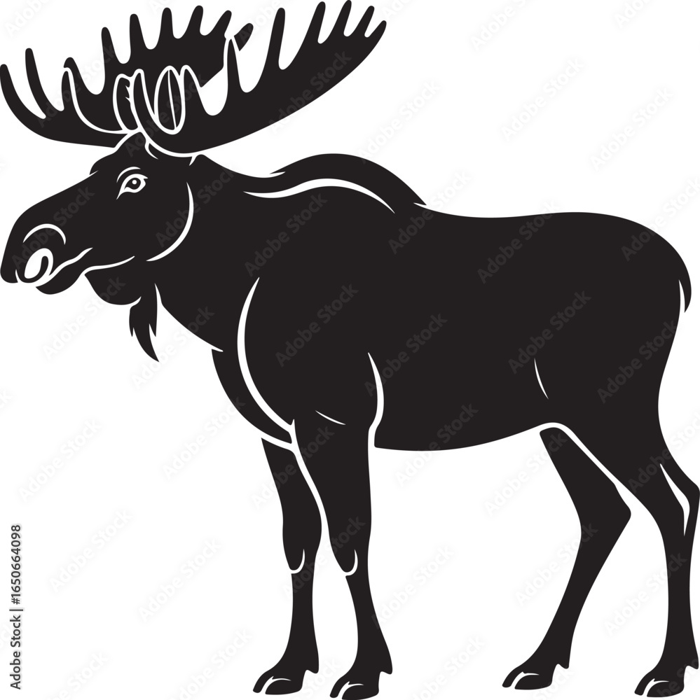 Obraz premium Black silhouette of a bull moose with detailed antlers and a beard on a white background animal wildlife