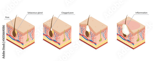 Stages of hair follicle inflammation in human body. Section of skin with sebaceous cyst, atheroma, acne. 3d flat isometric vector illustration.