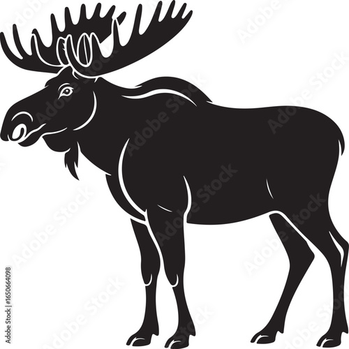 Black silhouette of a bull moose with detailed antlers and a beard on a white background animal wildlife