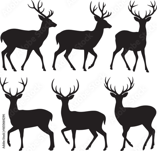 Six Black Silhouette Deer with Antlers on White Background animal wildlife