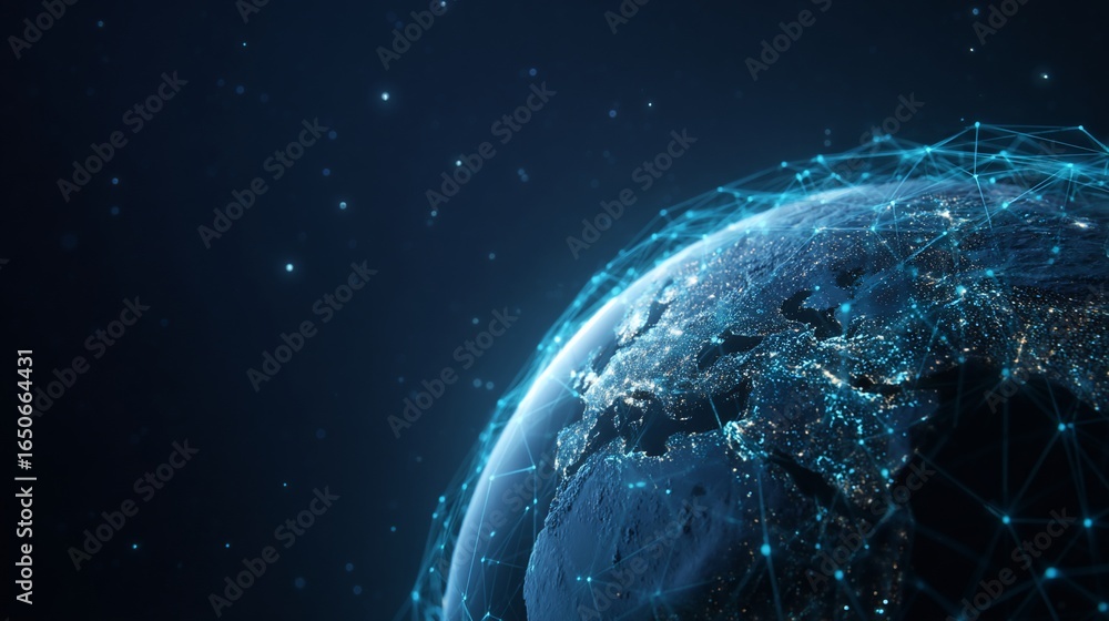 Obraz premium Digital Global Network Earth with Connected Data Points and Light Trails in Space