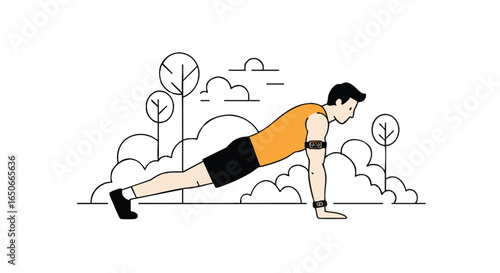 Modern vector illustration of a fit man in a push-up position during an outdoor workout. Clean line art style for fitness and active lifestyle concepts