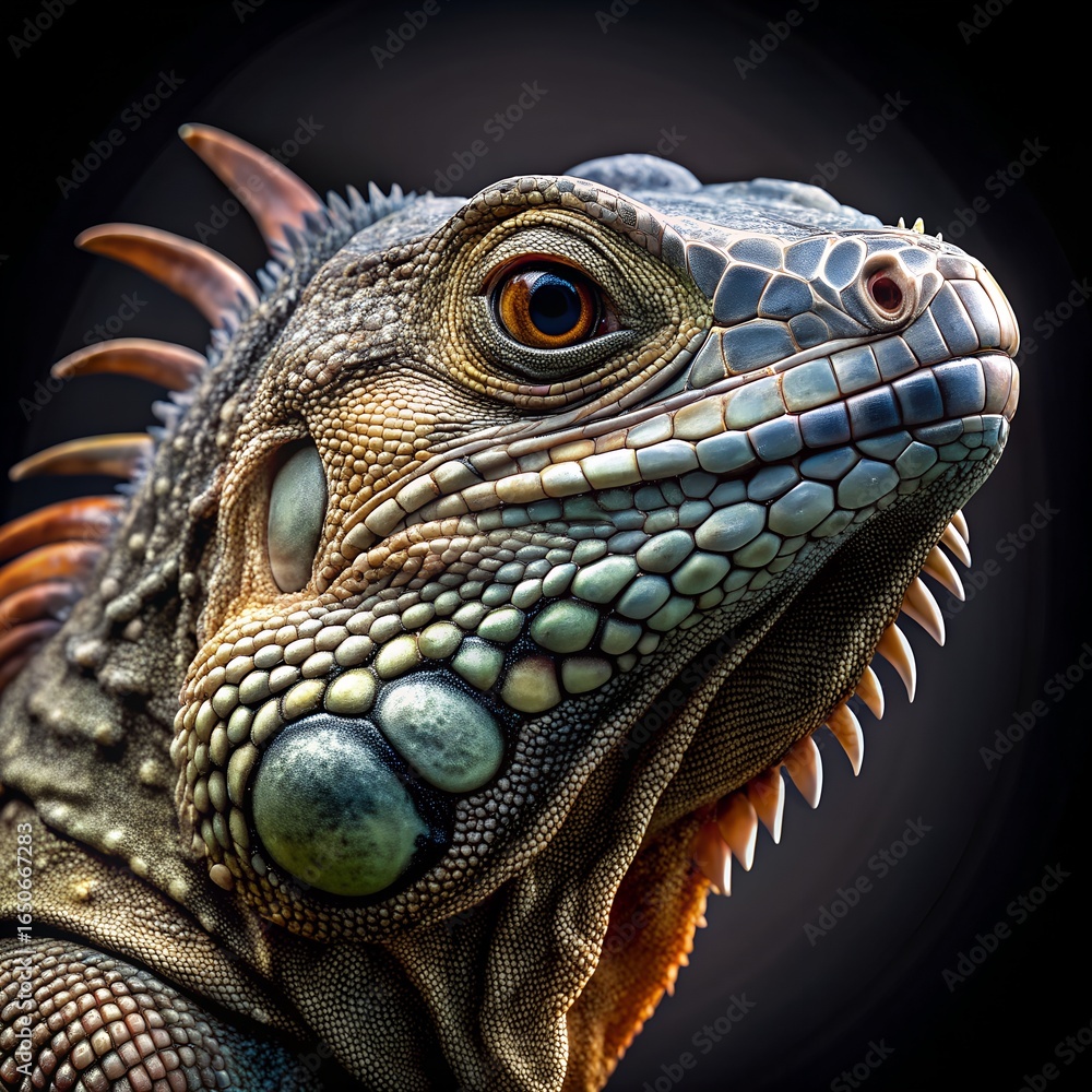 Fototapeta premium Detailed portrait of a green iguana head with dark background