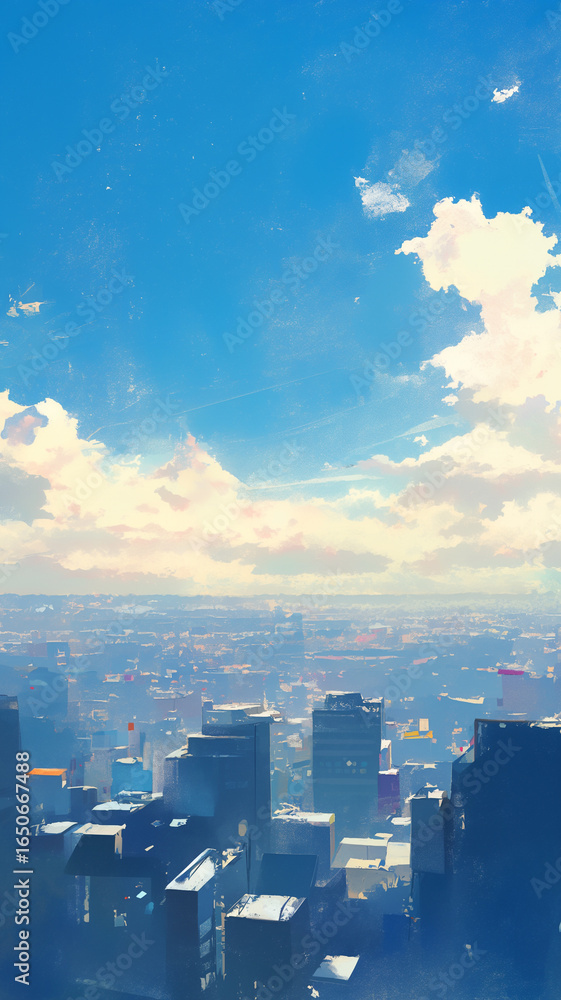 Fototapeta premium 青空に太陽が輝く大都市の風景を水彩画風に描き、柔らかい質感と幻想的な空気感を演出したイラスト。抽象的な美しさが魅力で、デザインや壁紙に使える素材。
