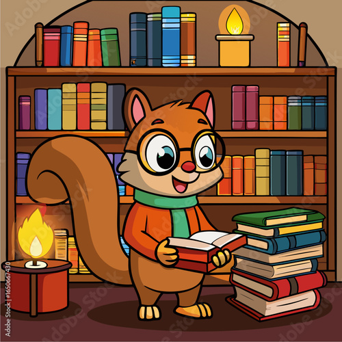 squirrel librarian with round spectacles