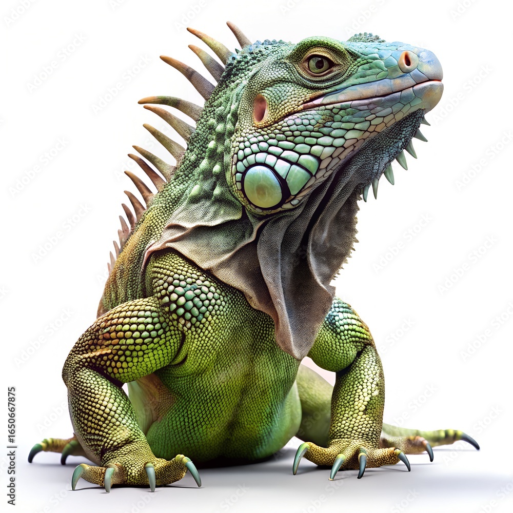 Fototapeta premium Green Iguana on White Background reptile lizard
