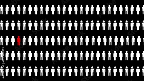 A concept video depicting a person standing out from the crowd. Rendered against a white background with a soft shadow and reflection.