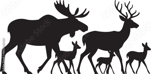 Black silhouette of a moose and deer family walking together on white background fawn