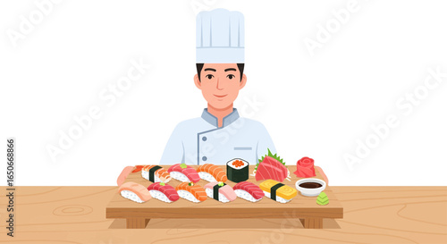 Professional Asian chef in uniform presenting a large wooden platter of assorted fresh sushi and maki rolls