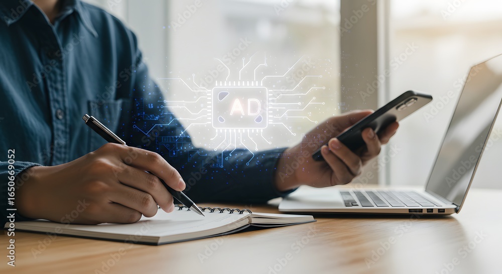 Fototapeta premium Digital Marketing Strategy: Man Analyzing Data on Phone and Notebook