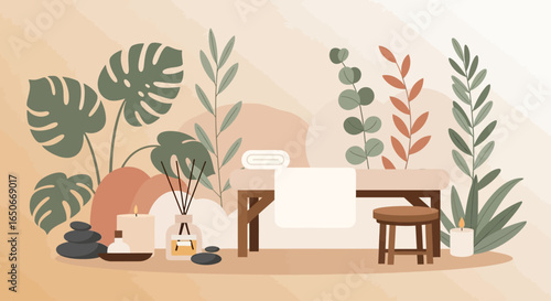 Wellness Spa with Botanical Decor and Aromatherapy Candles
