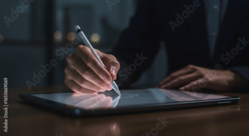 Digital Signature on Tablet with Stylus Pen, Business Concept