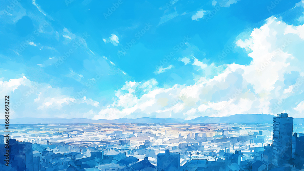 Obraz premium 水彩画風のタッチで描かれた壮大な大都市のパノラマビュー、青空と太陽の光が優しく広がり街並みを照らす風景。透明感と柔らかい筆致で都会の魅力を幻想的に表現した背景イラスト。