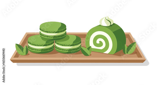 Delicious Green Macarons and Swiss Roll Dessert on a Wooden Tray with Mint Leaves