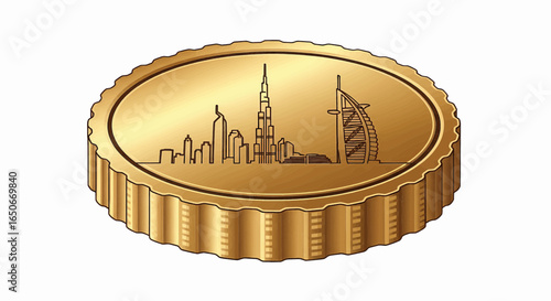 Detailed Illustration of a Golden Coin Featuring Dubai Cityscape Silhouette and Textured Design