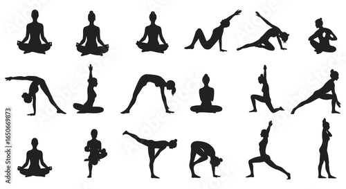 Various yoga poses in black silhouette on white background