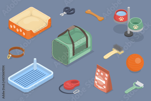 Pets accessories. Carrying bag, bed, nail clipper, feed, toys, balls, collar and toilet for dogs. 3d flat isometric vector illustration.