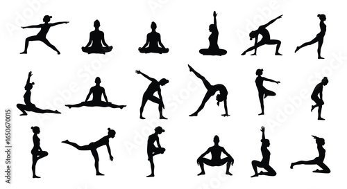 Black silhouettes of various yoga poses on white background