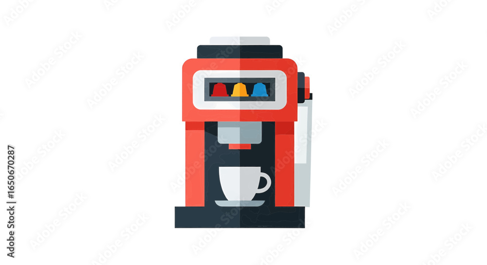 Fototapeta premium Stylized red coffee machine with a white cup for a morning beverage. Flat design vector illustration of a kitchen appliance isolated on a white background.