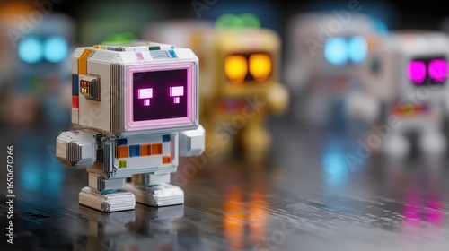 an array of toy robots of different colors with glowing face