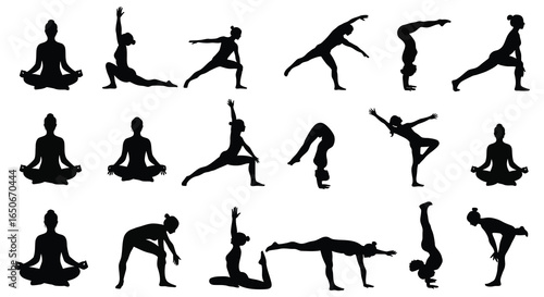 Various yoga poses in black silhouette on white background