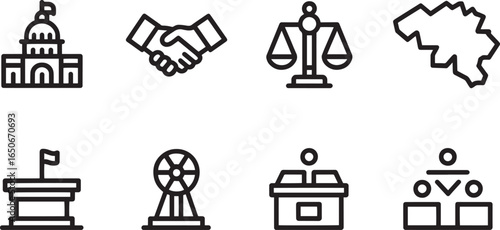 Belgium Political Identity Icons Set Government Handshake Justice Map Podium Wheel Group