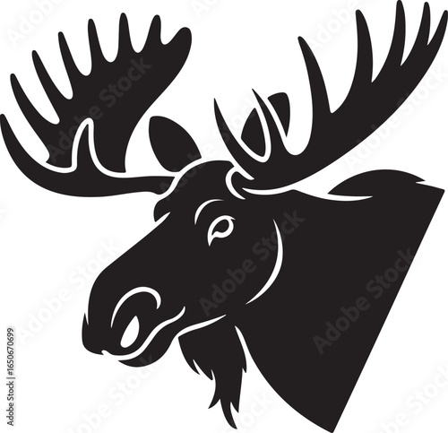 Black silhouette illustration of a moose head with large antlers on a white background animal wildlife