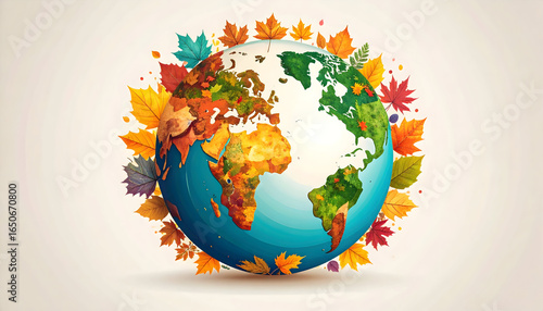 Stylized Earth Globe Surrounded By Autumn Colored Leaves Against Beige Background
