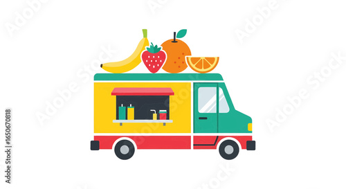 Vibrant and colorful mobile food truck serving fresh, healthy fruits, an ideal concept for a pop-up eatery or a summer street food business, offering nutritious snacks.