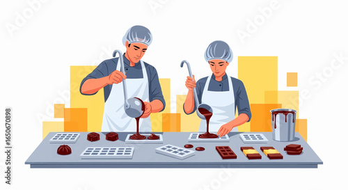 Skilled chocolatiers meticulously crafting gourmet chocolates, carefully pouring rich melted chocolate into various molds on a production line, showcasing the artistry of confectionery.