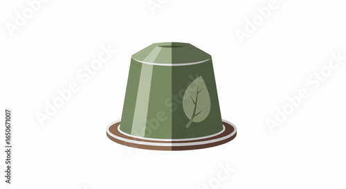 Vector illustration of a green coffee or tea pod with a leaf symbol. Single-serve capsule for an organic herbal beverage concept.