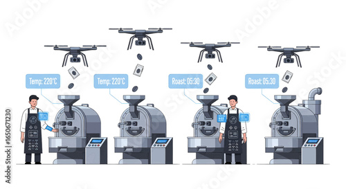 Precision Coffee Roasting Process with Integrated Drone Technology for Enhanced Quality Control and Automated Bean Handling, Showcasing Modern Industrial Efficiency.