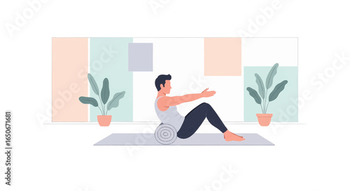 Dynamic illustration of a man engaging in core exercises on a yoga mat, symbolizing a modern approach to home fitness and personal well-being.